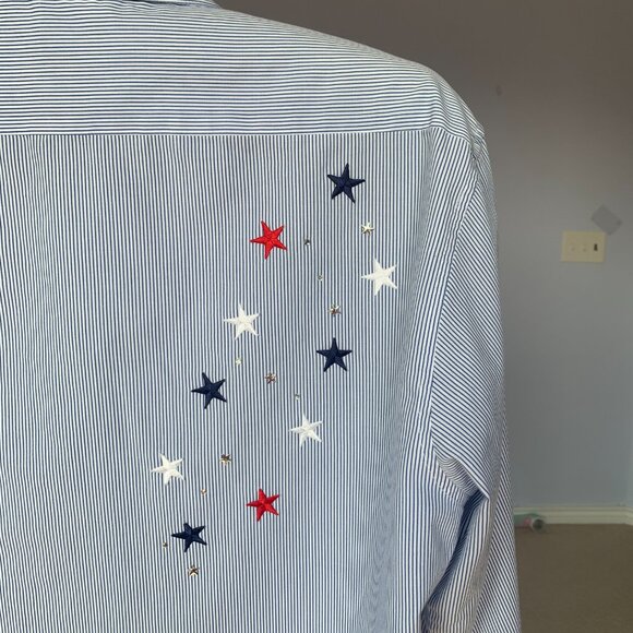 Vtg Tia Designs Blue White Striped Embroidery Rhinestones Patriotic Star Women L - Picture 8 of 14